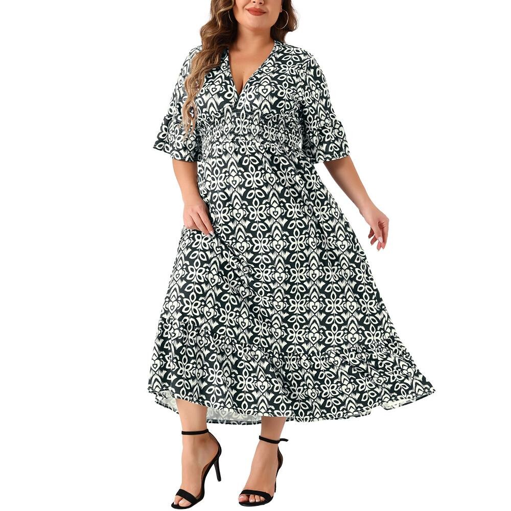 Платье больших размеров для женщин, рукав-колокольчик, рюшами, подол, V-образный вырез, короткие платья в стиле бохо, длинные платья трапециевидной формы Agnes Orinda, черный 
Платье больших размеров для женщин, рукав-колокольчик, рюшами, подол, V-образный вырез, короткие платья в стиле бохо, длинные платья трапециевидной формы Agnes Orinda, черный