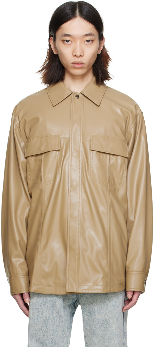 Бежевая рубашка из искусственной кожи со вставками Wooyoungmi
Бежевая рубашка из искусственной кожи со вставками Wooyoungmi