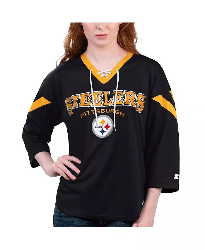 Женская черная футболка Pittsburgh Steelers Rally Lace-Up с рукавом 3/4 Starter
Женская черная футболка Pittsburgh Steelers Rally Lace-Up с рукавом 3/4 Starter
