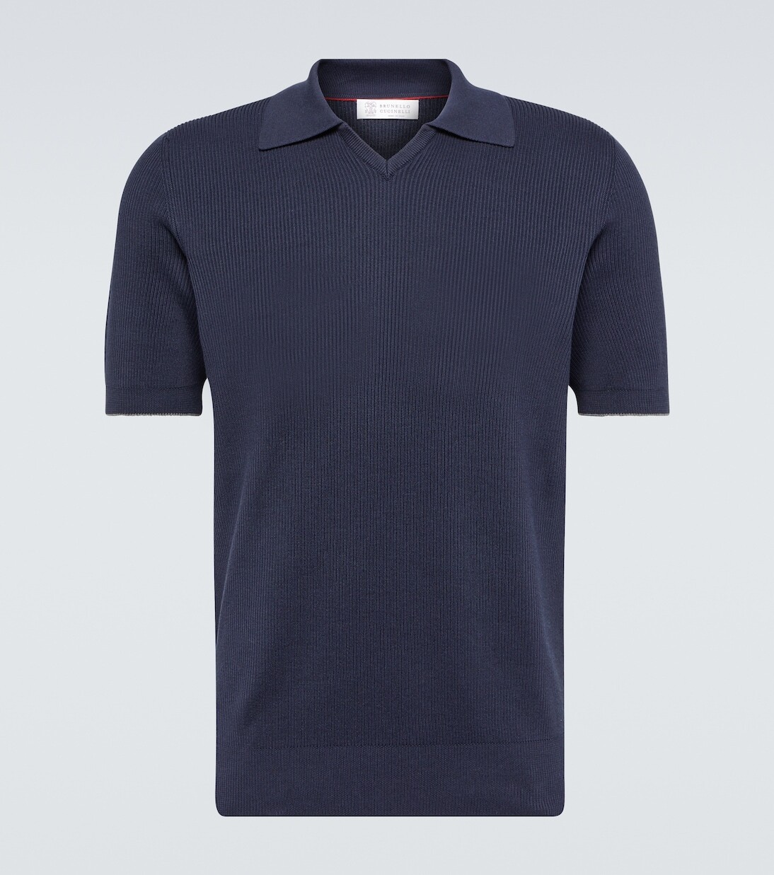 Свитер-поло из хлопка ребристой вязки Brunello Cucinelli, синий 
Свитер-поло из хлопка ребристой вязки Brunello Cucinelli, синий