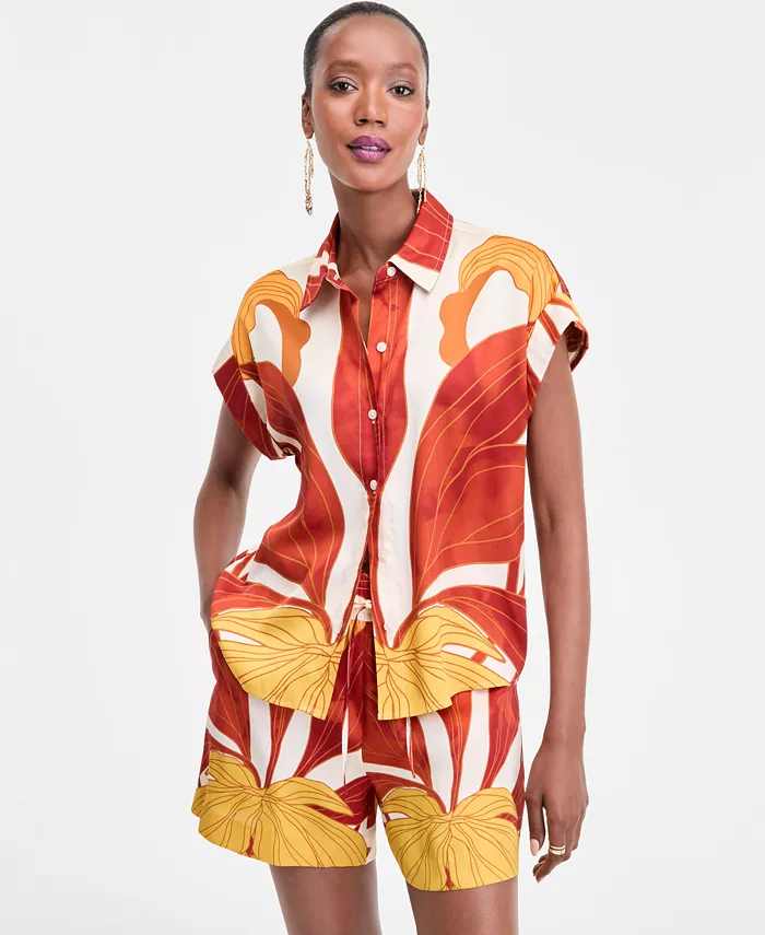 Женская печатная рубашка на пуговицах Camp Shirt I.N.C. International Concepts, коричневый 
Женская печатная рубашка на пуговицах Camp Shirt I.N.C. International Concepts, коричневый