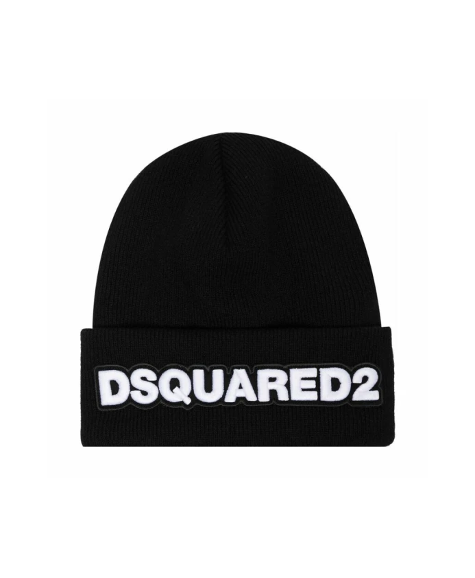 Шапка Бини с логотипом из шерсти Dsquared2, черный 
Шапка Бини с логотипом из шерсти Dsquared2, черный