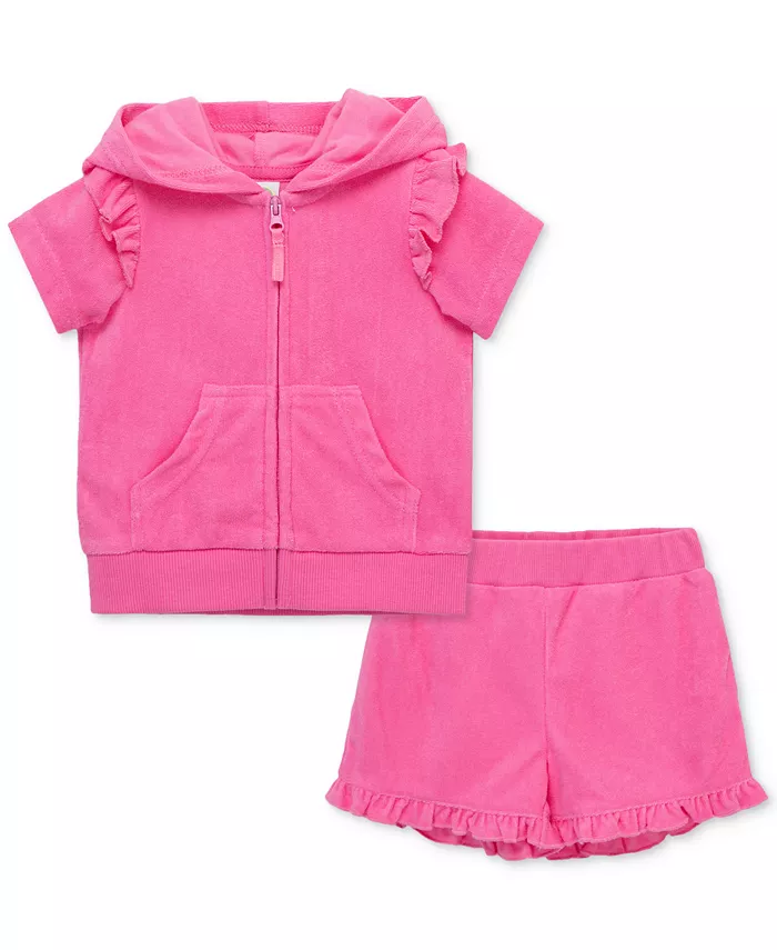 Детский комплект для девочек: худи с рюшами и шорты для пляжа, 2 предмета Little Me, розовый 
Детский комплект для девочек: худи с рюшами и шорты для пляжа, 2 предмета Little Me, розовый