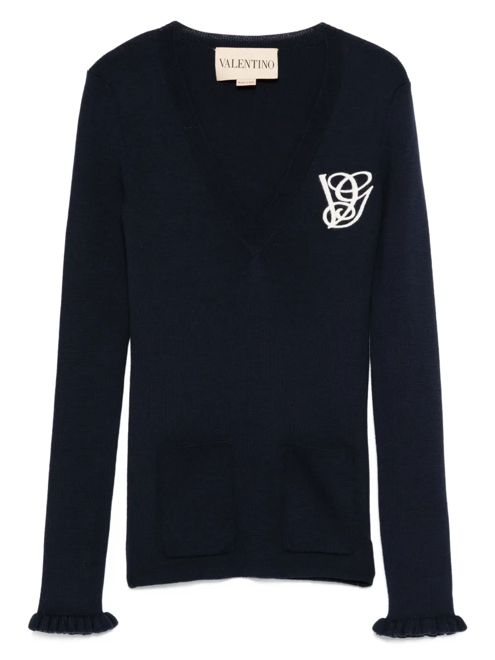 Шерстяной свитер с V-образным вырезом и оборками VALENTINO GARAVANI, синий
Шерстяной свитер с V-образным вырезом и оборками VALENTINO GARAVANI, синий