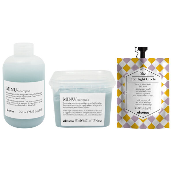 Набор для окрашенных волос: шампунь, 250 мл + маска, 250 мл + маска для блеска, 50 мл Davines Minu
Набор для окрашенных волос: шампунь, 250 мл + маска, 250 мл + маска для блеска, 50 мл Davines Minu