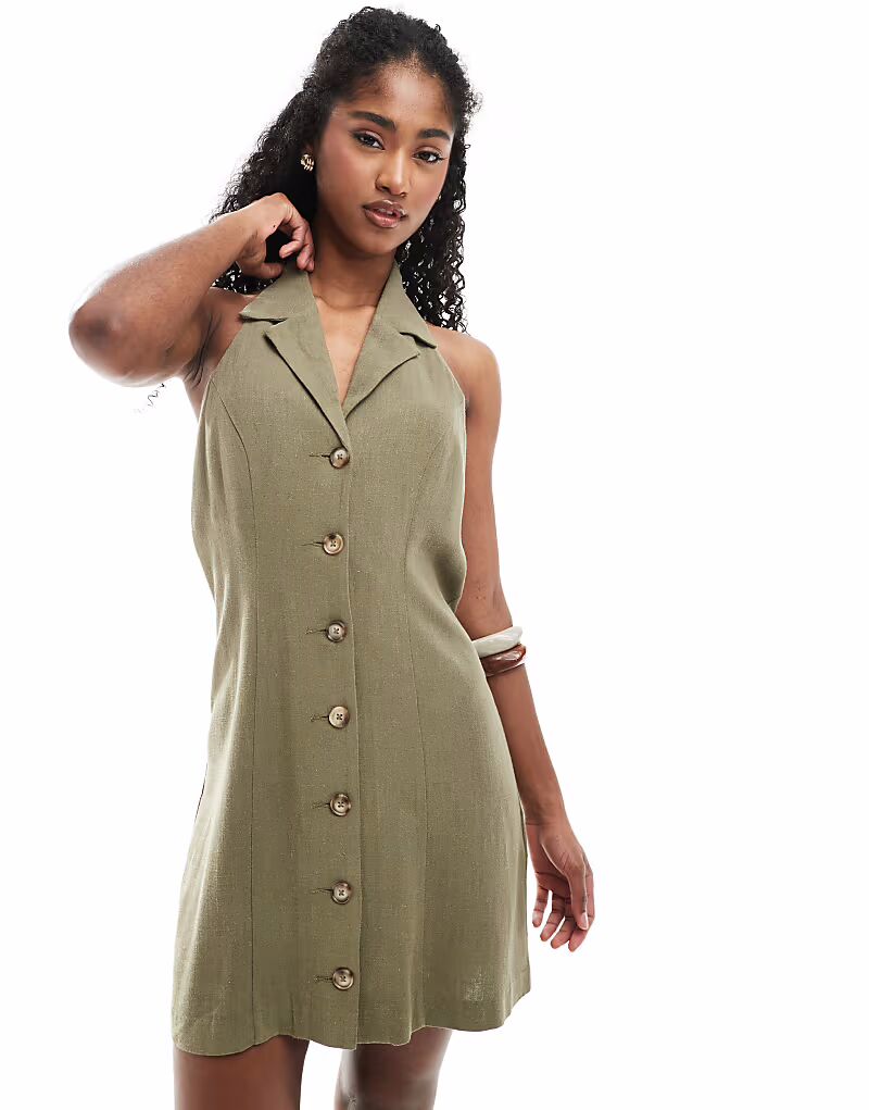 Мисс Селфридж льняная смесь мини-платье с воротником-халтер цвета хаки Miss Selfridge 
Мисс Селфридж льняная смесь мини-платье с воротником-халтер цвета хаки Miss Selfridge