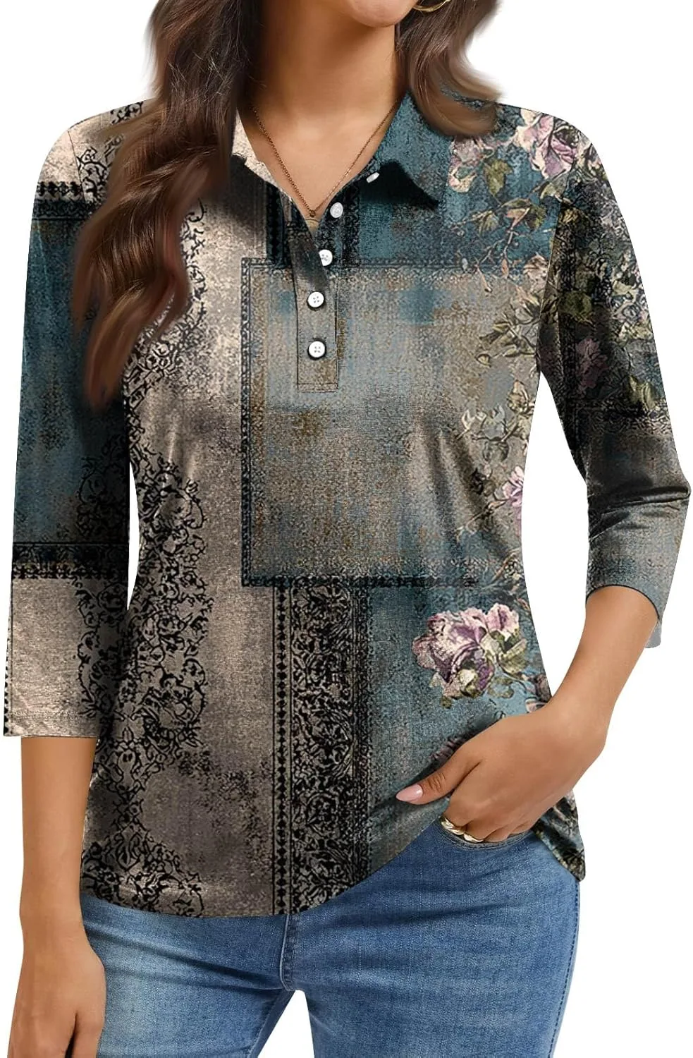 Женская футболка с принтом и воротником на пуговицах, 3/4 рукава, Plus Size
Женская футболка с принтом и воротником на пуговицах, 3/4 рукава, Plus Size