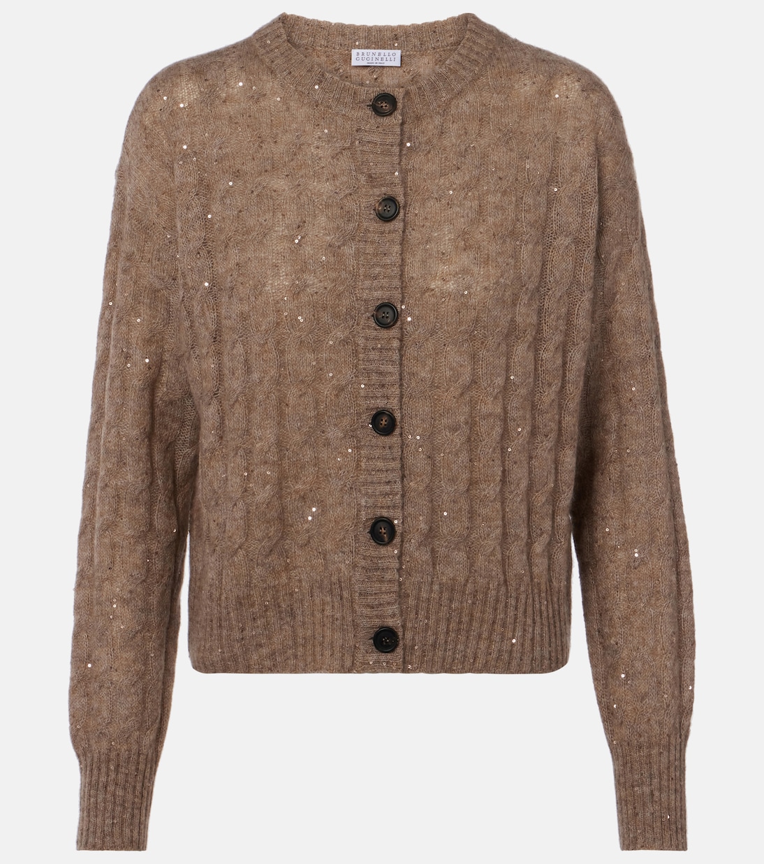 Кардиган косой вязки с пайетками Brunello Cucinelli, Light Brown
Кардиган косой вязки с пайетками Brunello Cucinelli, Light Brown