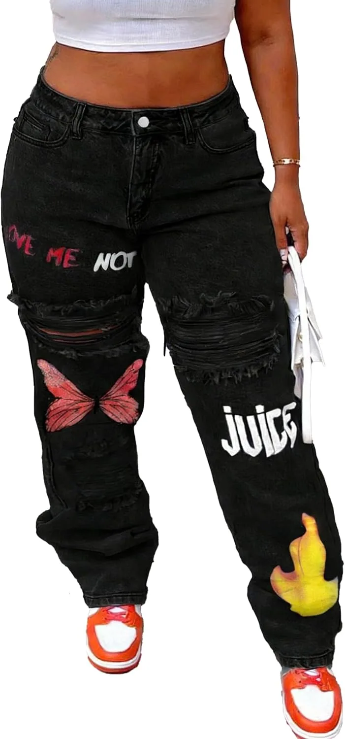 Плюс сайз женские рваные джинсы с принтом бабочек и пламени, высокая талия, прямой крой Vaimti
Плюс сайз женские рваные джинсы с принтом бабочек и пламени, высокая талия, прямой крой Vaimti