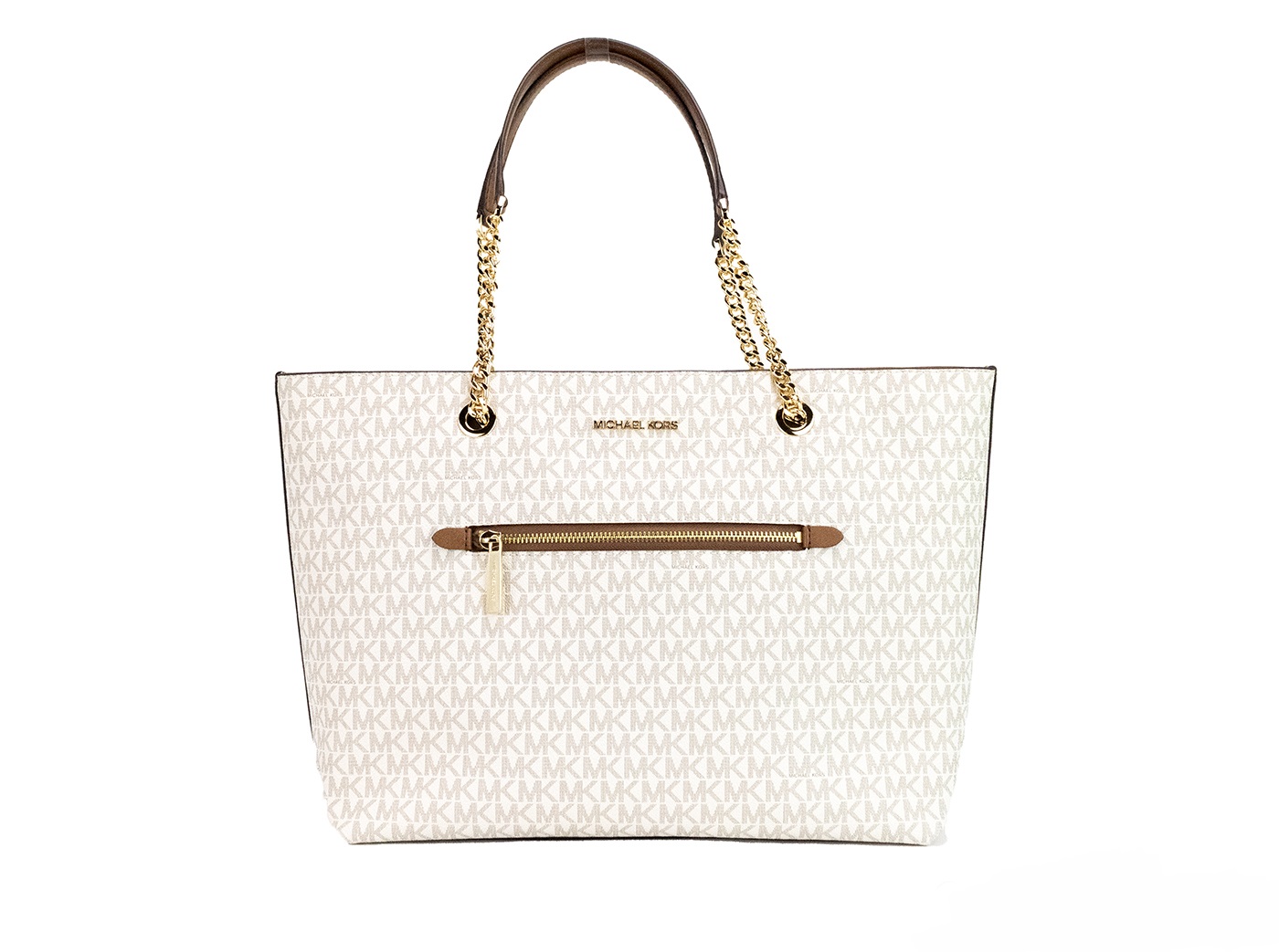 Сумка-тоут Jet Set Medium Vanilla Signature из ПВХ с застежкой-молнией спереди и цепочкой Michael Kors
Сумка-тоут Jet Set Medium Vanilla Signature из ПВХ с застежкой-молнией спереди и цепочкой Michael Kors
