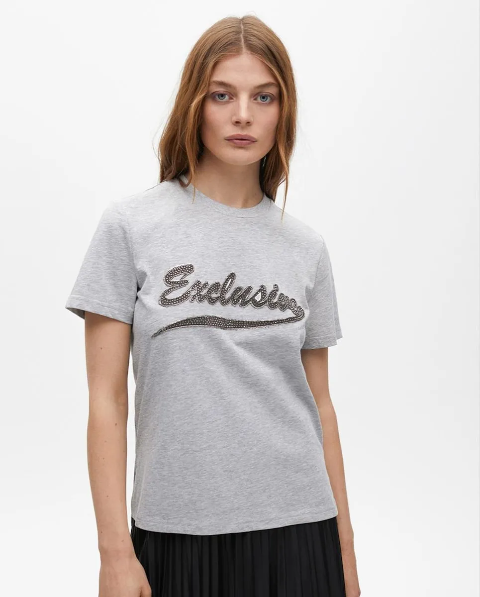 Женская футболка с коротким рукавом и надписью из страз Lola Casademunt, серый 
Женская футболка с коротким рукавом и надписью из страз Lola Casademunt, серый