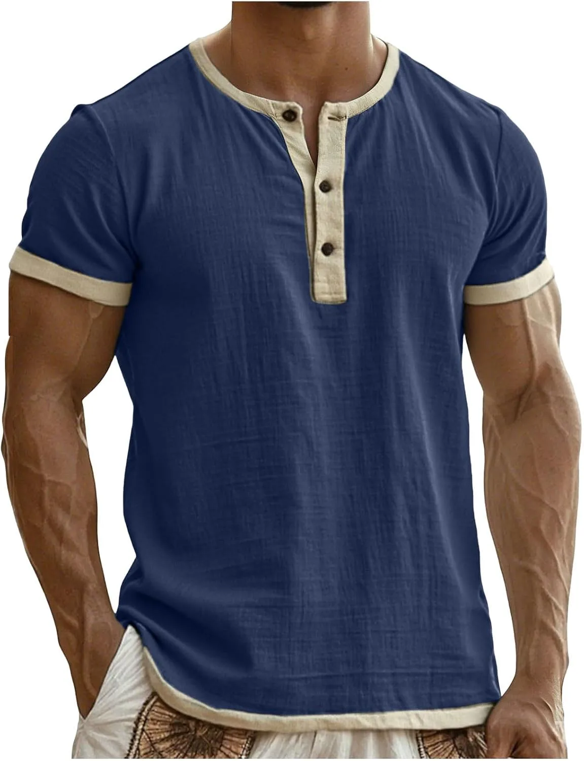 Мужская льняная рубашка хенли с коротким рукавом, цветной блок, 3 пуговицы, vintage, muscle fit
Мужская льняная рубашка хенли с коротким рукавом, цветной блок, 3 пуговицы, vintage, muscle fit