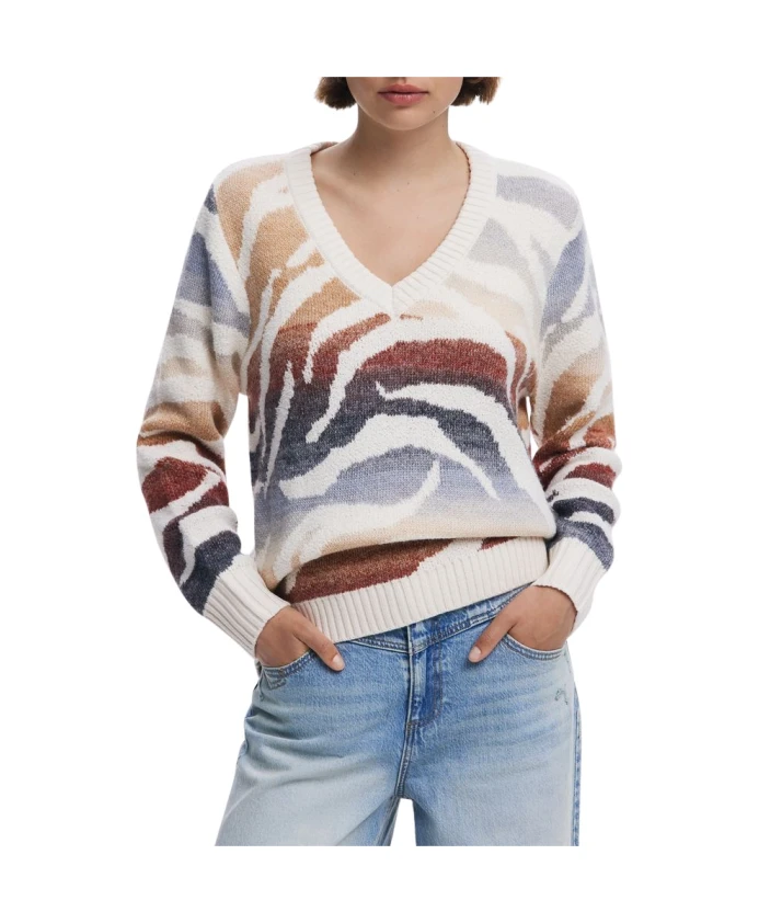 Модный белый женский пуловер с V-образным вырезом Desigual, мультиколор
Модный белый женский пуловер с V-образным вырезом Desigual, мультиколор