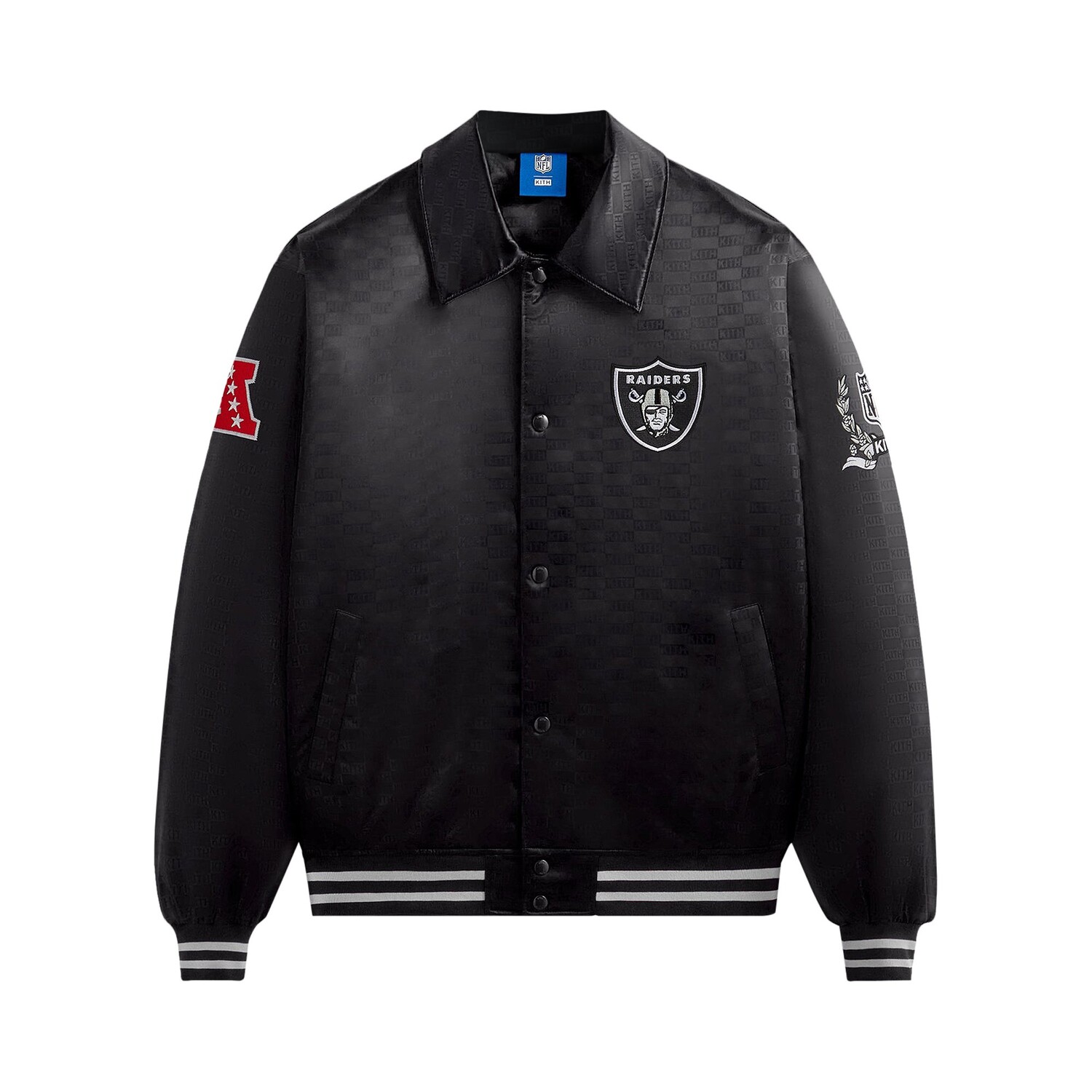 Kith For The NFL: атласный бомбер Raiders, черный
Kith For The NFL: атласный бомбер Raiders, черный