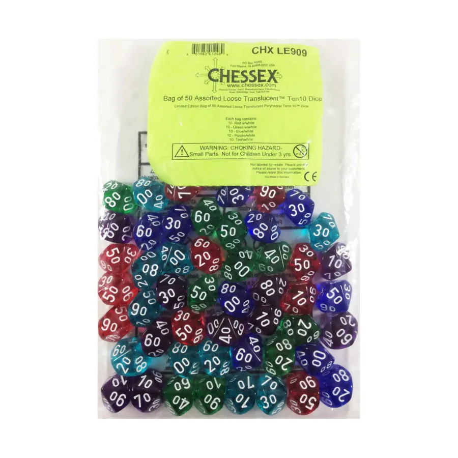 Прозрачные игральные кости Ten10 (50) (ограниченное издание), Dice - Bags of Dice (Assorted Colors) (Chessex)
Прозрачные игральные кости Ten10 (50) (ограниченное издание), Dice - Bags of Dice (Assorted Colors) (Chessex)