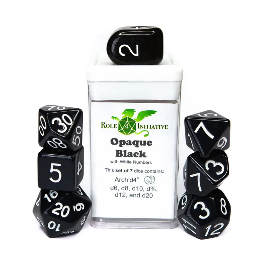 Набор Poly — непрозрачный черный с белым и Arch'd4 (7), Game Dice - Opaque (Role 4 Initiative)
Набор Poly — непрозрачный черный с белым и Arch'd4 (7), Game Dice - Opaque (Role 4 Initiative)