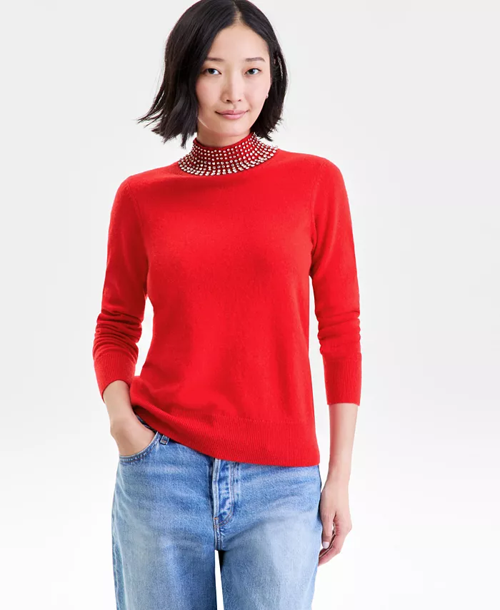 Женский свитер с воротником-стойкой из 100% кашемира со стразами Charter Club, красный 
Женский свитер с воротником-стойкой из 100% кашемира со стразами Charter Club, красный