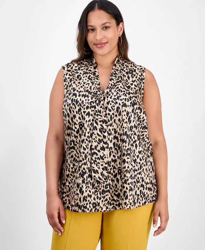 Блузка без рукавов с завязкой на горловине больших размеров с принтом Kasper, коричневый/бежевый 
Блузка без рукавов с завязкой на горловине больших размеров с принтом Kasper, коричневый/бежевый