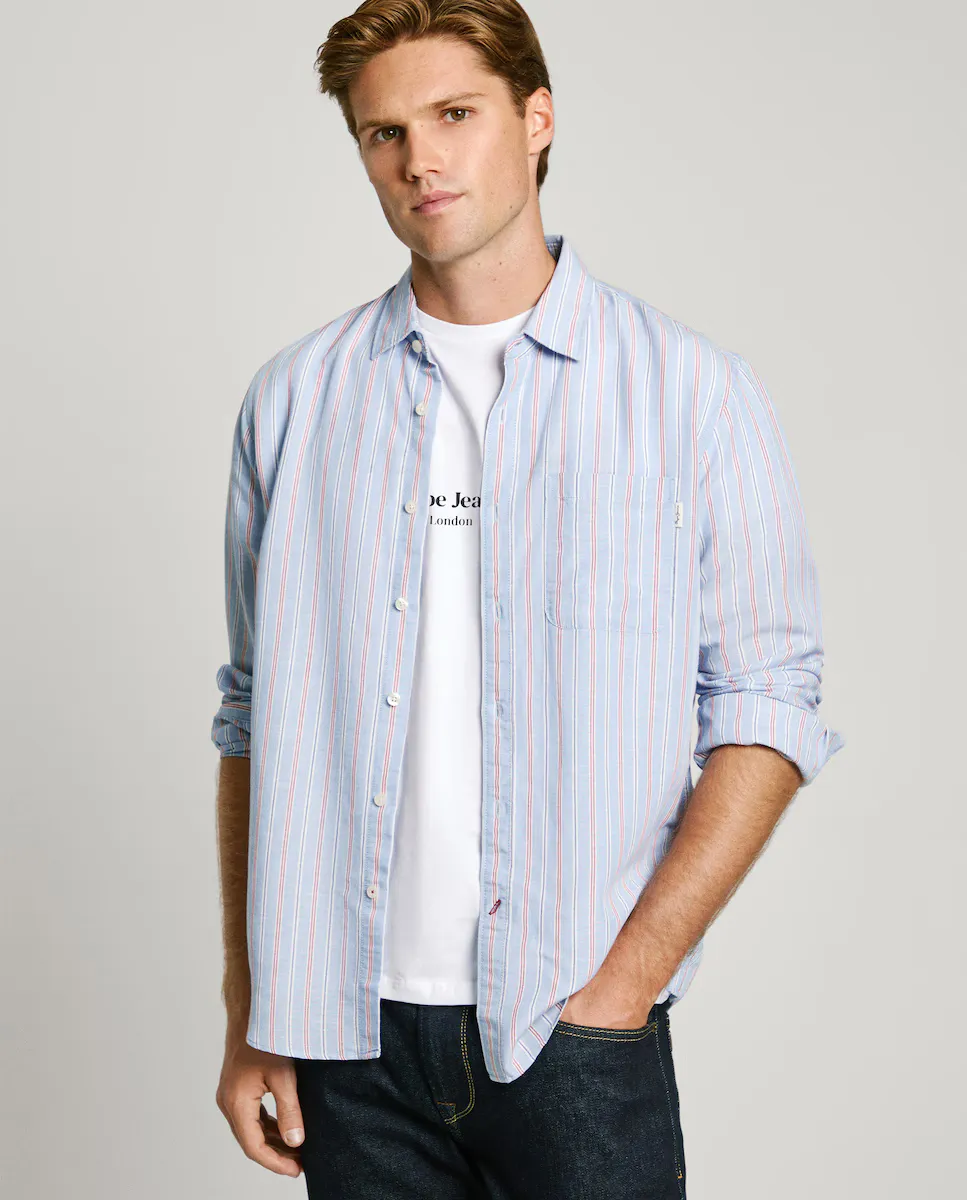 Мужская рубашка из поплина прямого кроя с полосатым принтом Pepe Jeans, светло-голубой 
Мужская рубашка из поплина прямого кроя с полосатым принтом Pepe Jeans, светло-голубой