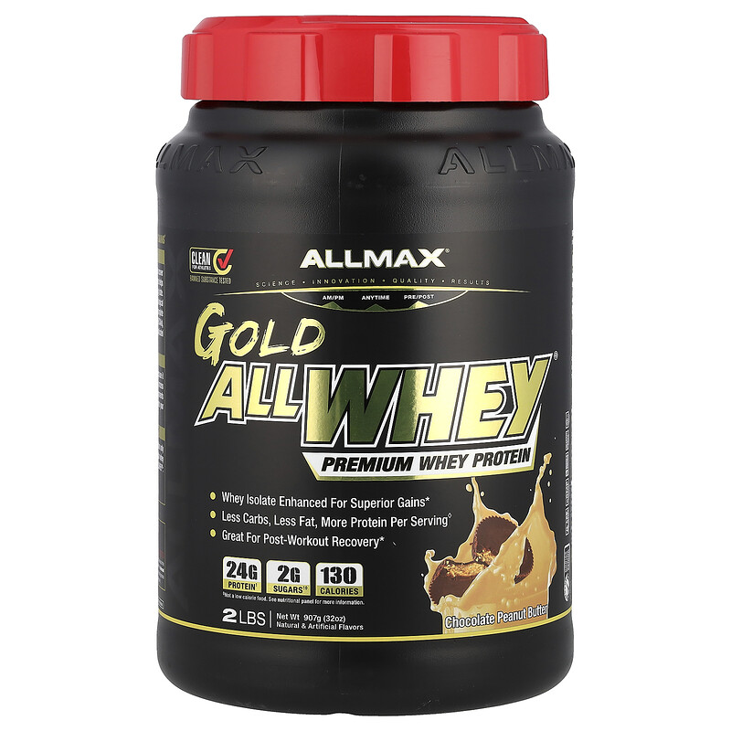 ALLMAX, AllWhey Gold, 100% сывороточный протеин+ премиум-изолят сывороточного протеина, шоколад и арахисовое масло, 2 фунта (907 г)
ALLMAX, AllWhey Gold, 100% сывороточный протеин+ премиум-изолят сывороточного протеина, шоколад и арахисовое масло, 2 фунта (907 г)
