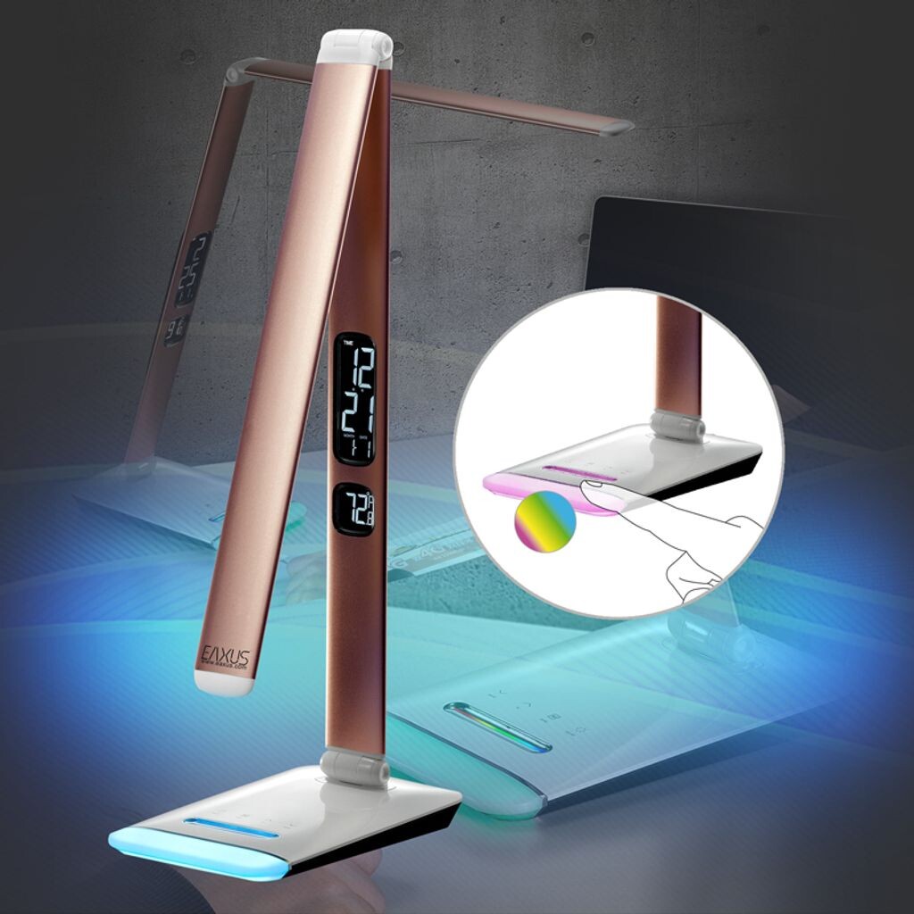 Настольная светодиодная лампа Eaxus с изменением цвета RGB — с регулируемой яркостью, сенсорной функцией, часами, календарем и дисплеем температуры, медный цвет
Настольная светодиодная лампа Eaxus с изменением цвета RGB — с регулируемой яркостью, сенсорной функцией, часами, календарем и дисплеем температуры, медный цвет