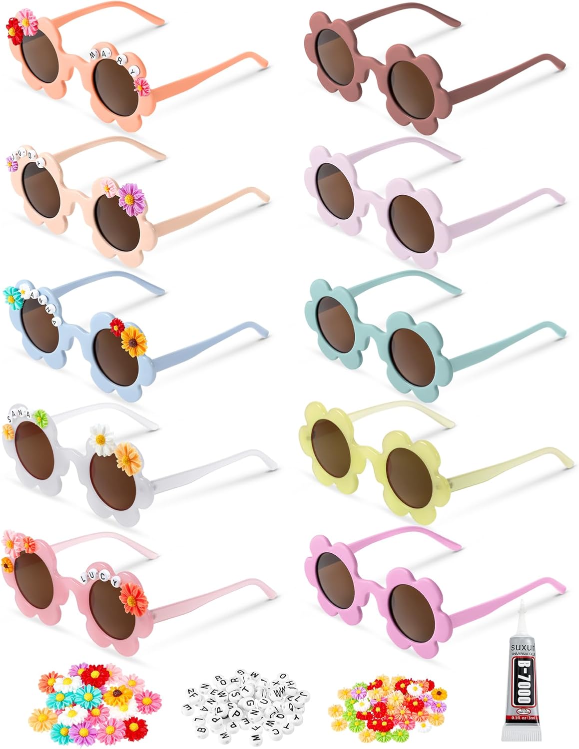 Солнцезащитные очки Tigeen, 10 пар, размер 5,71 дюйма, для взрослых, с цветочным рисунком, защита от УФ-излучения, 50 подвесок в виде ромашек и 200 случайных бусин в виде букв, Trendy Colors
Солнцезащитные очки Tigeen, 10 пар, размер 5,71 дюйма, для взрослых, с цветочным рисунком, защита от УФ-излучения, 50 подвесок в виде ромашек и 200 случайных бусин в виде букв, Trendy Colors