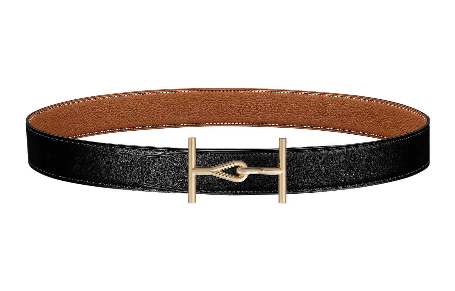 Togo Элегантный ремень с золотой пряжкой из телячьей кожи Togo двусторонний мужской ширина 3,2 см HERMES, черный 
Togo Элегантный ремень с золотой пряжкой из телячьей кожи Togo двусторонний мужской ширина 3,2 см HERMES, черный