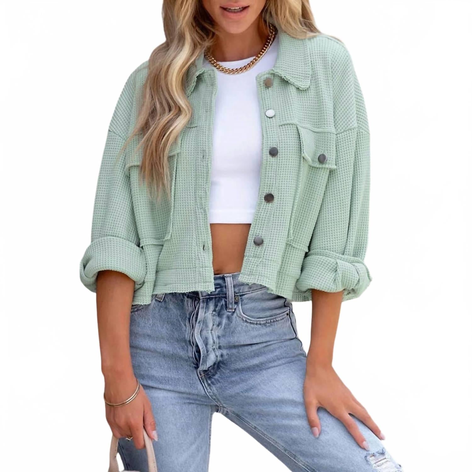 Cropped Waffle Knit Shacket In Mint Blue The Moment Collection
Cropped Waffle Knit Shacket In Mint Blue The Moment Collection