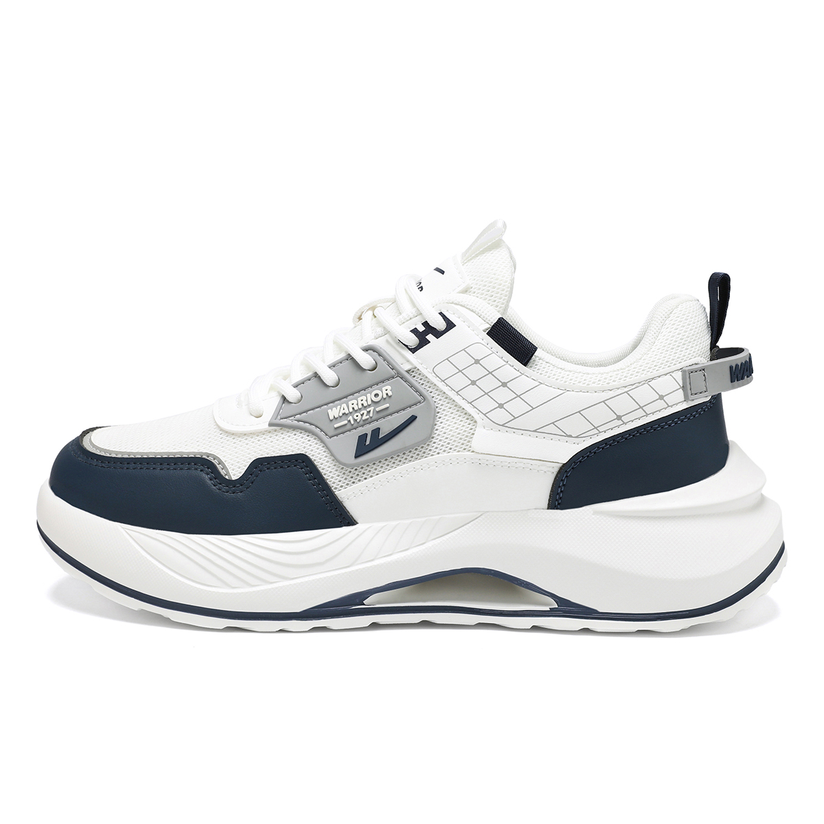Покрытие, ударопрочность, поддержка, легкие, дышащие, повседневные мужские туфли WARRIOR, White Dark Blue Gray 
Покрытие, ударопрочность, поддержка, легкие, дышащие, повседневные мужские туфли WARRIOR, White Dark Blue Gray