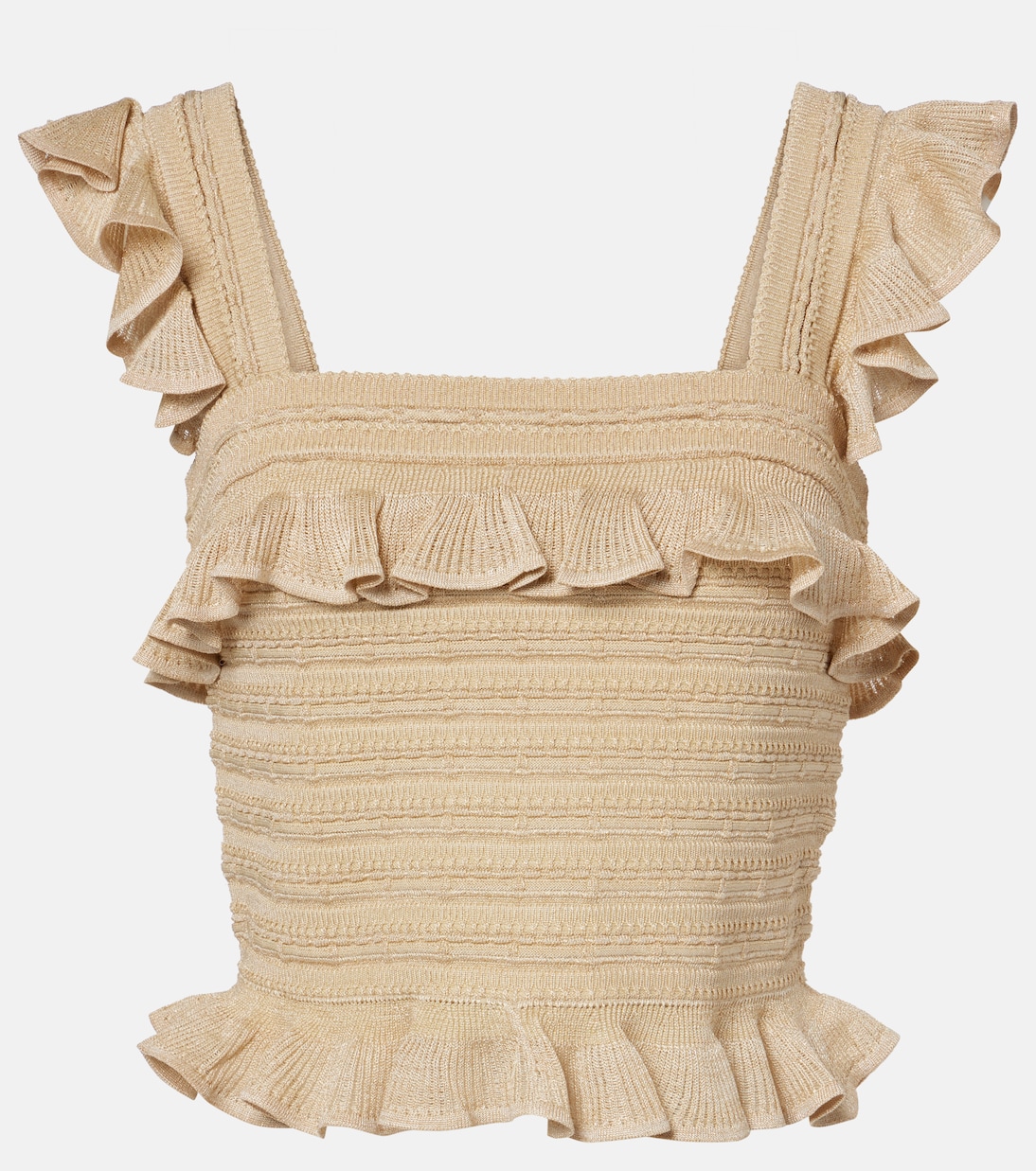 Топ из ламе с оборками и кружевом Zimmermann, Metallic Gold
Топ из ламе с оборками и кружевом Zimmermann, Metallic Gold