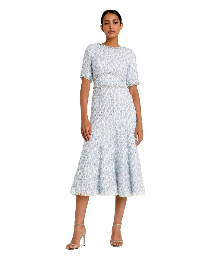 Женское платье миди с короткими рукавами, отделкой из бусин и букле Mac Duggal, синий
Женское платье миди с короткими рукавами, отделкой из бусин и букле Mac Duggal, синий