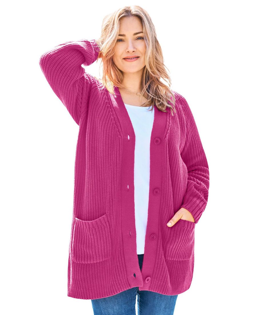 Кардиган-шейкер на пуговицах большого размера Woman Within, Raspberry
Кардиган-шейкер на пуговицах большого размера Woman Within, Raspberry