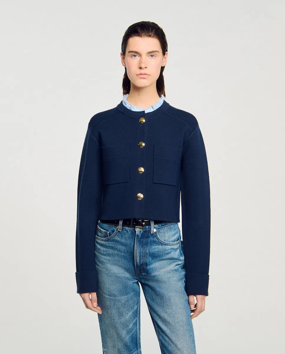 Женский кардиган с отстегивающимся воротником-рюшем Sandro, темно-синий
Женский кардиган с отстегивающимся воротником-рюшем Sandro, темно-синий