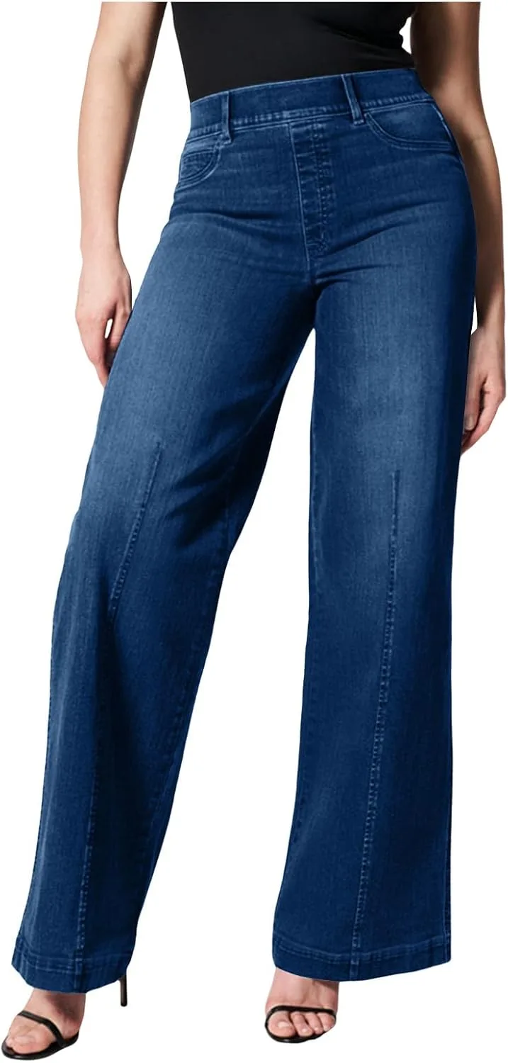 Женские джинсы с широкими штанинами, завышенной талией и эластичным денимом
Женские джинсы с широкими штанинами, завышенной талией и эластичным денимом