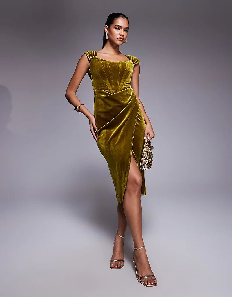 Платье-корсет миди Goddiva с драпированными плечами из бархата оливкового цвета
Платье-корсет миди Goddiva с драпированными плечами из бархата оливкового цвета