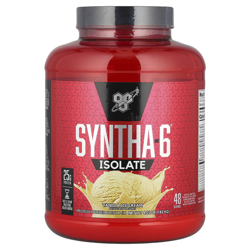 BSN, Изолят Syntha-6, порошковая белковая смесь для напитков, ванильное мороженое, 4,02 фунта (1,82 кг)
BSN, Изолят Syntha-6, порошковая белковая смесь для напитков, ванильное мороженое, 4,02 фунта (1,82 кг)