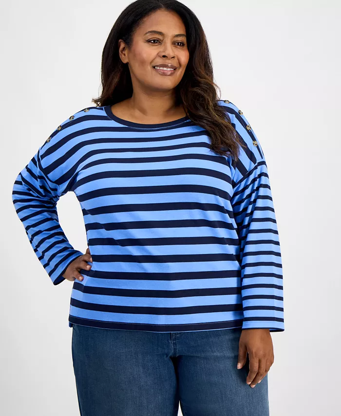 Полосатый трикотажный топ с пуговицами больших размеров Style & Co, синий
Полосатый трикотажный топ с пуговицами больших размеров Style & Co, синий