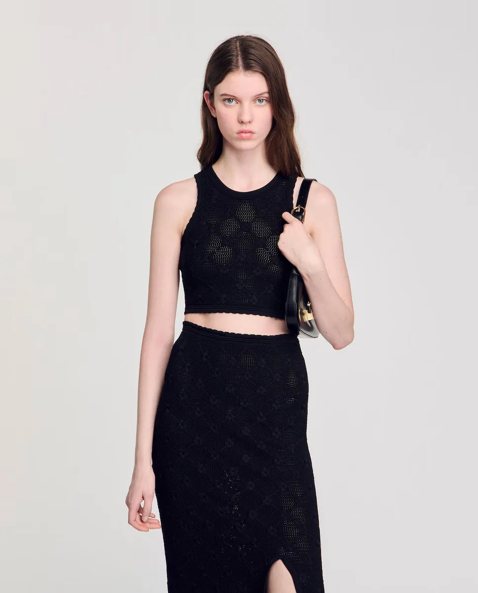 Женский фантазийный трикотажный топ Sandro, чёрный
Женский фантазийный трикотажный топ Sandro, чёрный