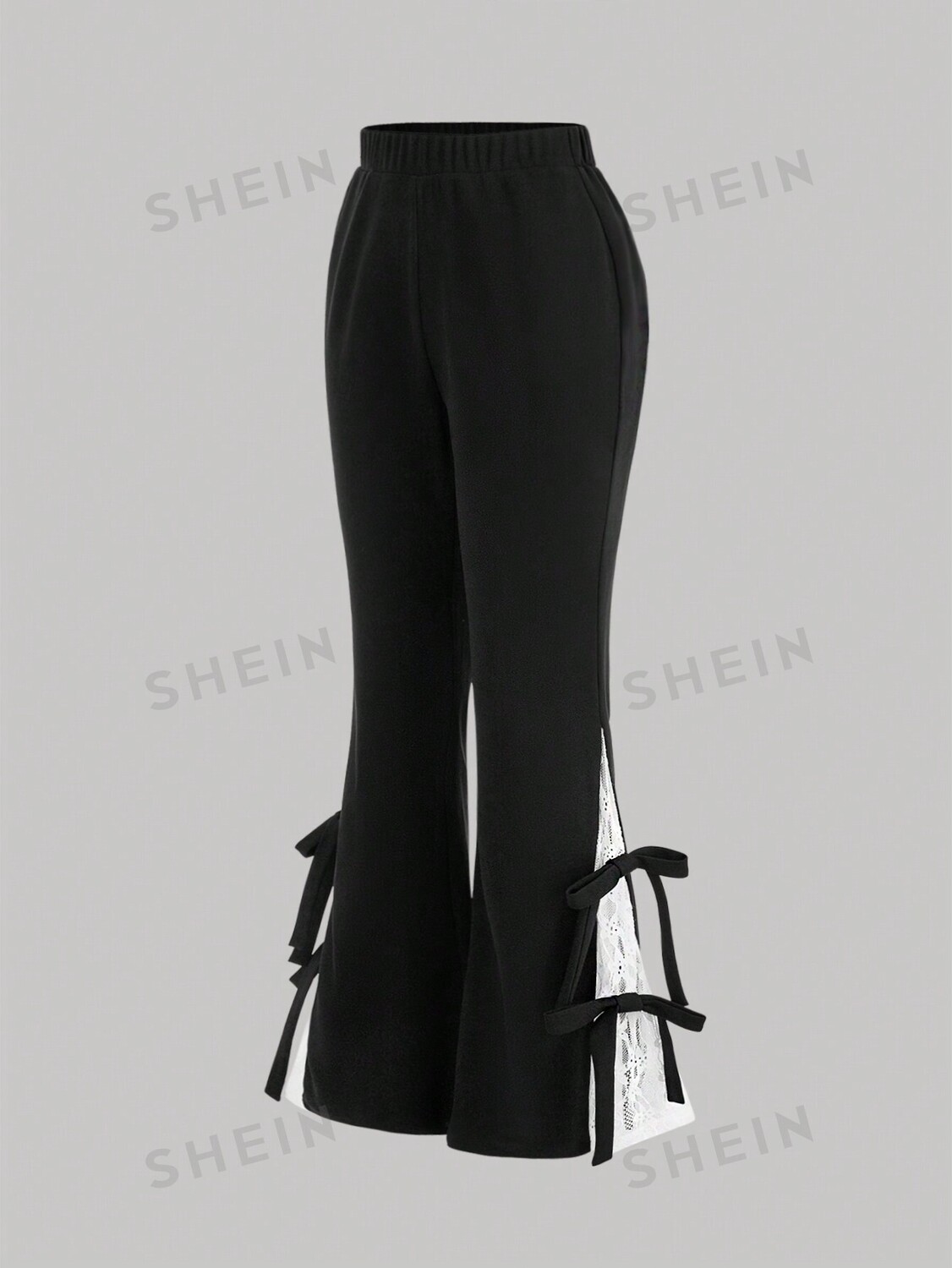 MOD Плюс размер кружевных расклешенных брюк с высокой талией и бантом, модно и мило Shein, черный 
MOD Плюс размер кружевных расклешенных брюк с высокой талией и бантом, модно и мило Shein, черный