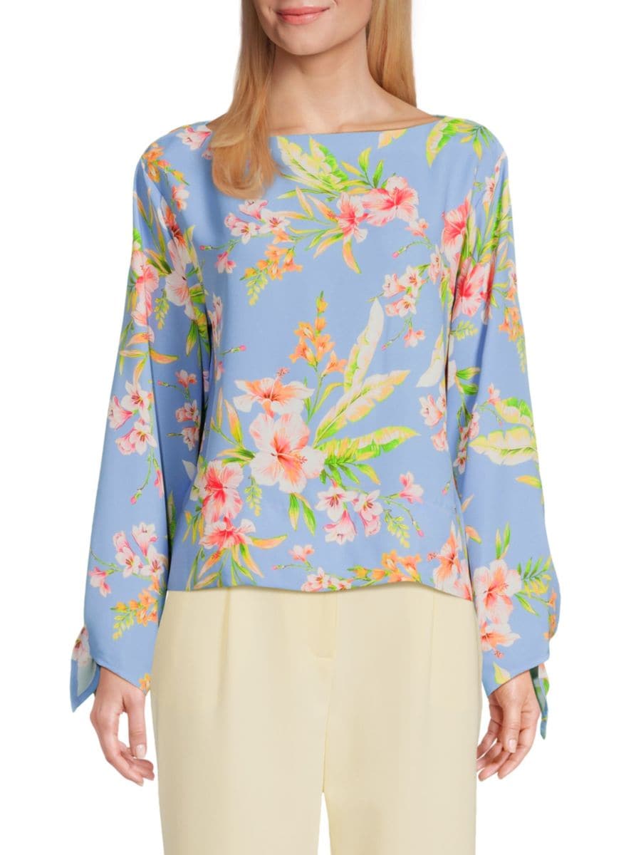 Блузка с цветочным принтом, вырезом лодочка и завязками на манжетах Halston, синий мульти
Блузка с цветочным принтом, вырезом лодочка и завязками на манжетах Halston, синий мульти