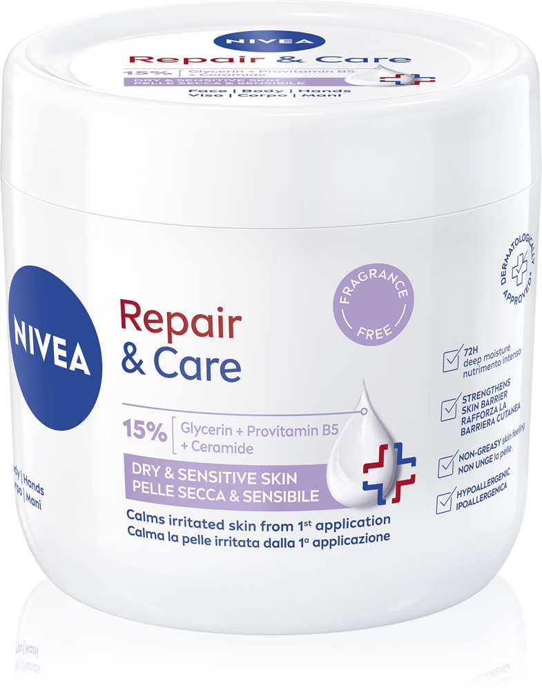 Питательный восстанавливающий крем Repair & Care Sensitive для сухой и чувствительной кожи Nivea, 400 мл
Питательный восстанавливающий крем Repair & Care Sensitive для сухой и чувствительной кожи Nivea, 400 мл