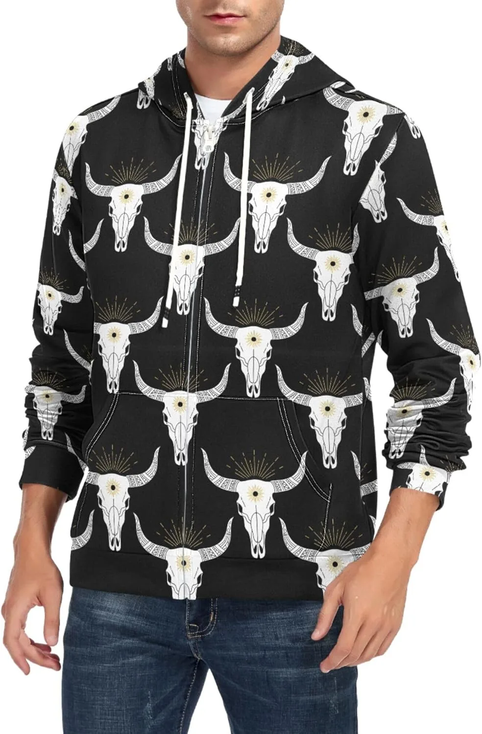 Мужская худи с молнией и принтом черепа быка, с карманом CUPADA
Мужская худи с молнией и принтом черепа быка, с карманом CUPADA