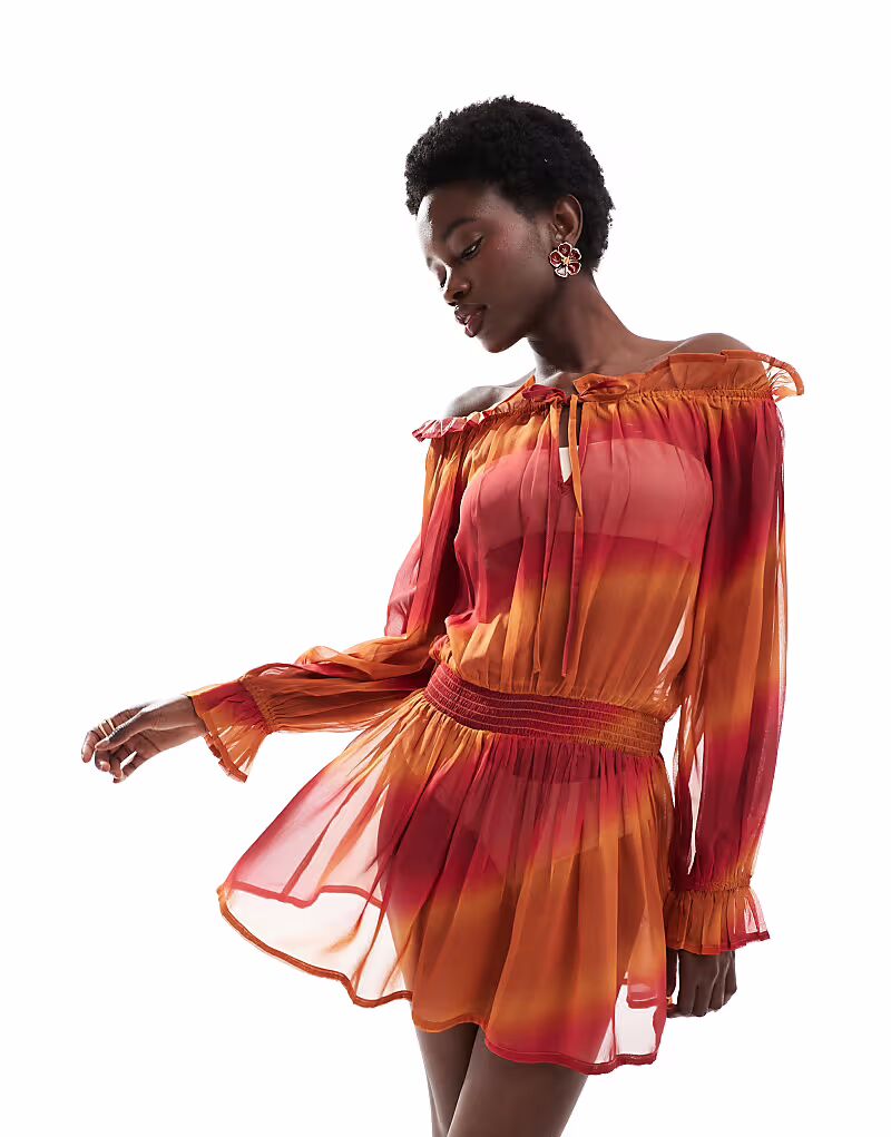 Пляжное мини-платье Wednesday's Girl в стиле бохо с эффектом омбре оранжевого цвета