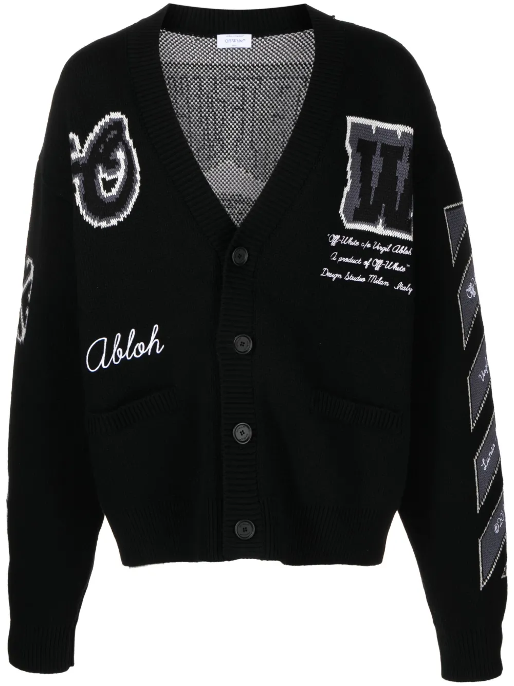 Кардиган с V-образным вырезом и интарсией-логотипами OFF-WHITE, черный
Кардиган с V-образным вырезом и интарсией-логотипами OFF-WHITE, черный