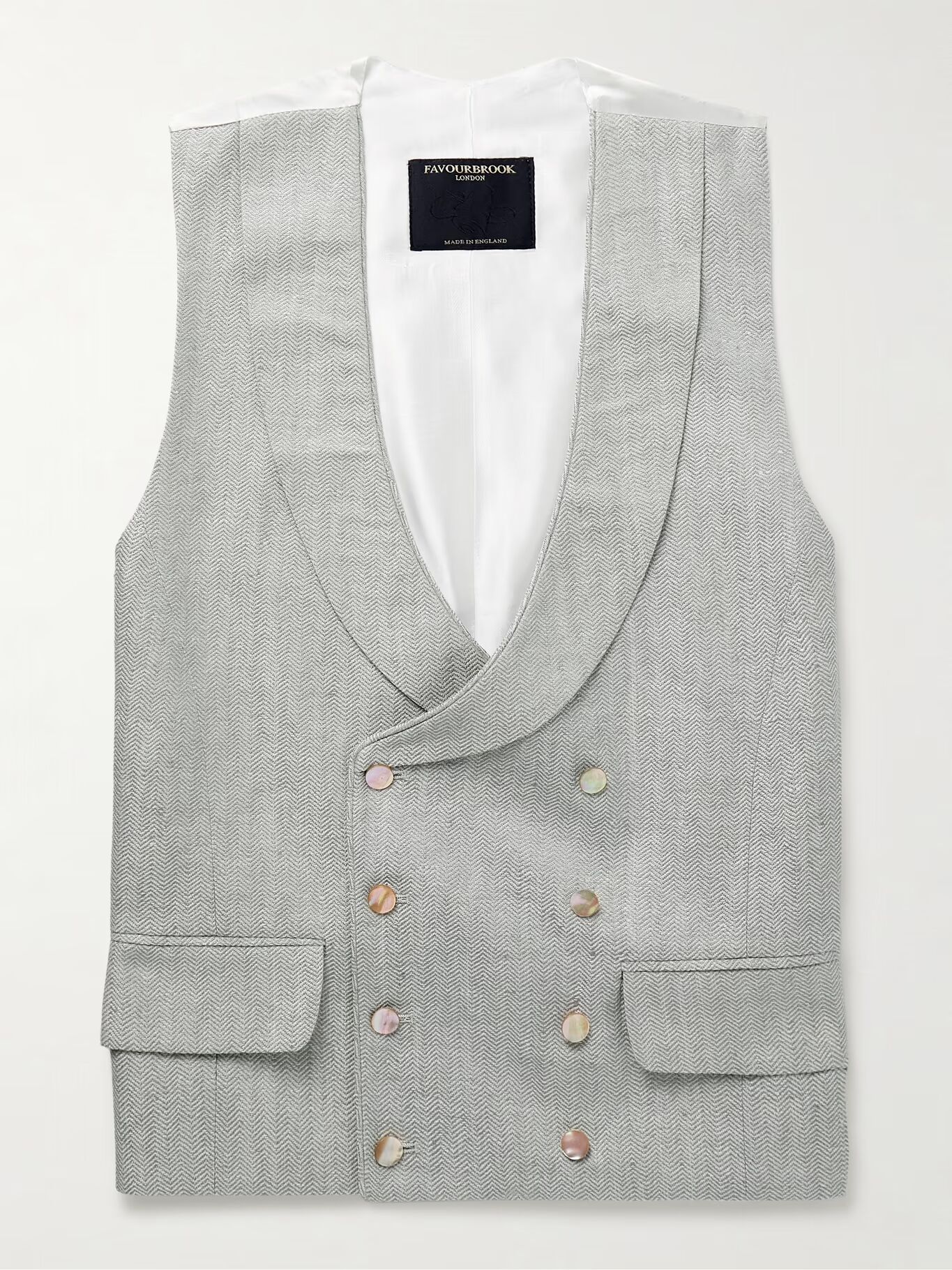 Приталенный двубортный жилет Randwick с узором «в ёлочку» из смеси льна, шёлка и атласа FAVOURBROOK, серо-зеленый
Приталенный двубортный жилет Randwick с узором «в ёлочку» из смеси льна, шёлка и атласа FAVOURBROOK, серо-зеленый