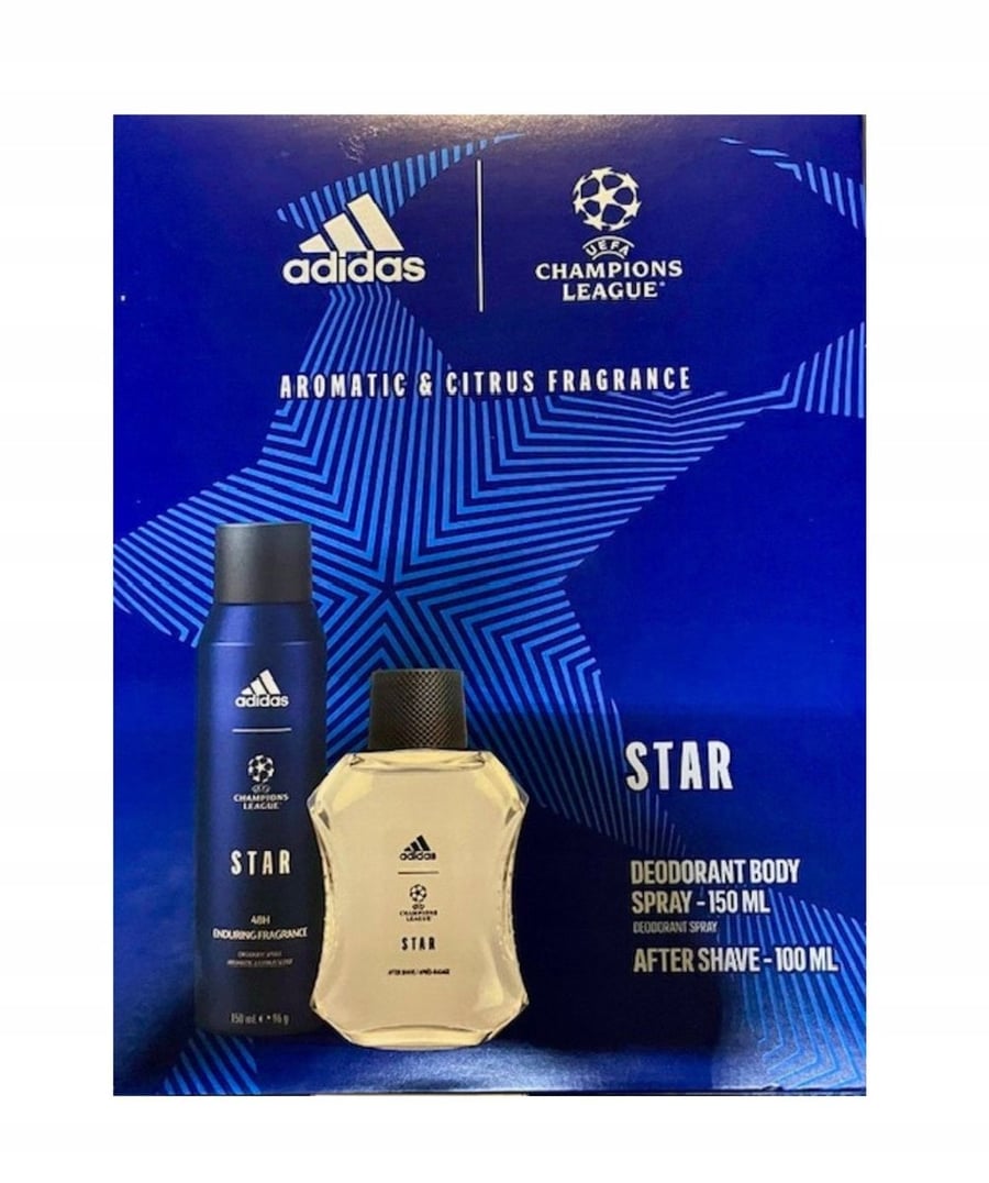 Мужской косметический набор Adidas Uefa Star, лосьон после бритья + дезодорант
Мужской косметический набор Adidas Uefa Star, лосьон после бритья + дезодорант