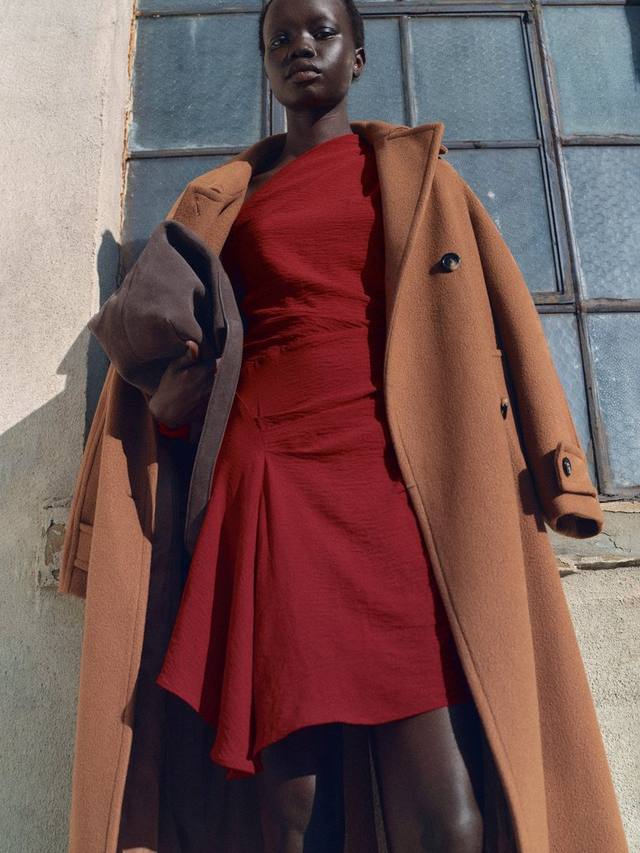 Платье с длинным рукавом из румяной драпировки Mango, красный 
Платье с длинным рукавом из румяной драпировки Mango, красный