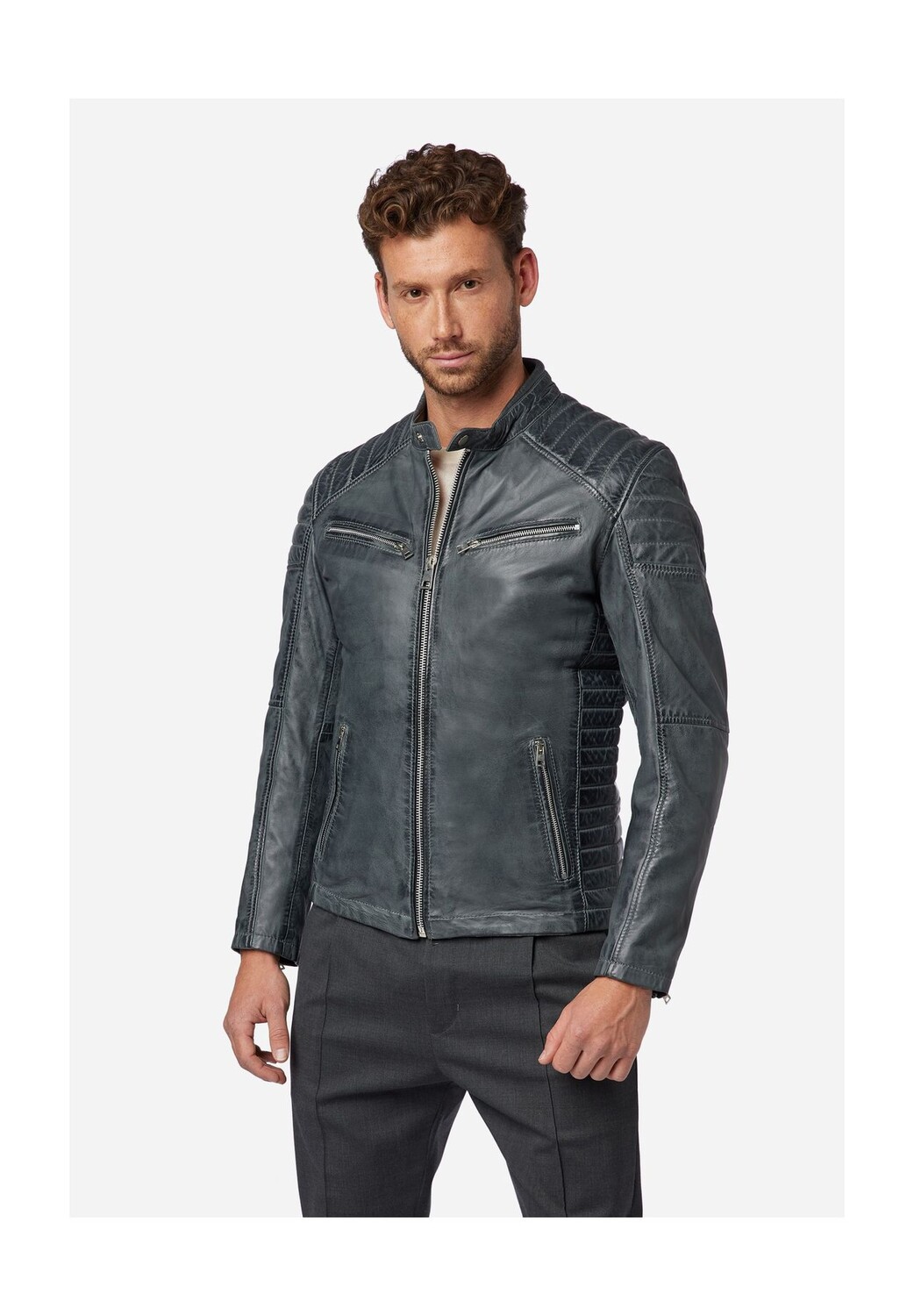 Мужская кожаная куртка Cooper - в байкерском стиле с воротником стойкой RICANO, серый
Мужская кожаная куртка Cooper - в байкерском стиле с воротником стойкой RICANO, серый