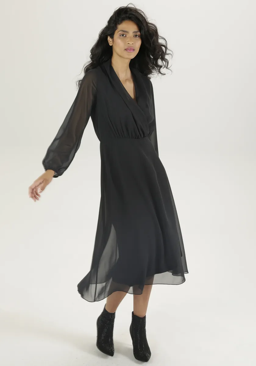 Платье миди Aniston SELECTED с эффектом платка на вырезе - НОВАЯ КОЛЛЕКЦИЯ, черный