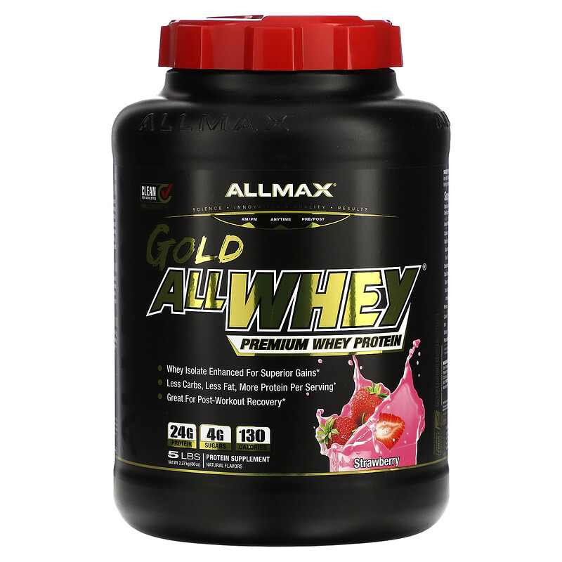 ALLMAX, AllWhey Gold, сывороточный протеин премиального качества, со вкусом клубники, 2,27 кг (5 фунтов)
ALLMAX, AllWhey Gold, сывороточный протеин премиального качества, со вкусом клубники, 2,27 кг (5 фунтов)